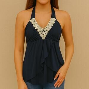 Coastal Cowgirl Navy Pearl Halter Top Small | Boho Western Chic Free Spirit